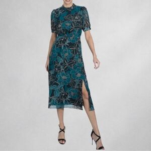 Julia Jordan Dress 16 Teal Floral Midi Puff Sleeve Slit Hem Nordstrom $1…